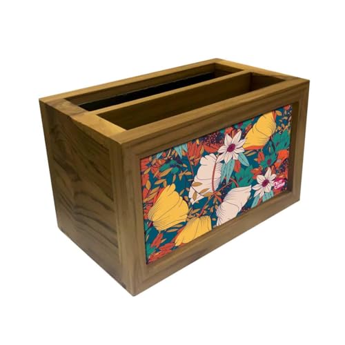 Image of Nutcase Designer Wooden Stationery Remote Stand for Home - Remote Control Holder Organizer Caddy for TV /AC Remotes-Multipurpose Desk Organiser (Teak Wood Floral Design 1), Multicolor