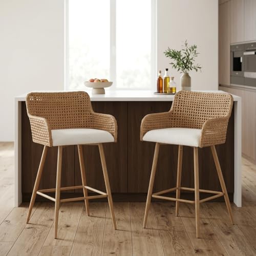Butacos de altura para barra, set de 4, modernos con tapizado en bouclé y patas de metal, para isla de cocina o comedor, color beige blanco miniatura 6