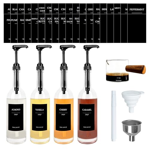 HCYWOC Coffee Syrup Dispenser, 25.4oz 750ml Glass Syrup Bottles, 4 Pack Syrup Dispenser for Coffee Bar With Large Leakproof Coffee Syrup Pump, Coffee Bar Accessories, 38 Labels, 120ml Espresso Cups