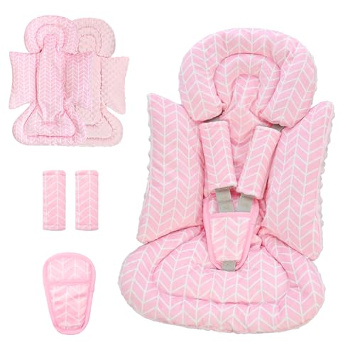 Image of DAYEEBALL 4 in 1 Infant Car Seat Insert, Baby Car Seat Head Body Support for Girls & Boys, Reversible Newborn Car Seat Insert with 3 Extra Strap Paddings, Premature Car Seat Cushion (Stripes Pink)