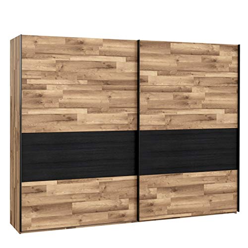 Preisvergleich Produktbild Furniture24 Kleiderschrank JAKOBINA RCQS12411 Schlafzimmerschrank Schiebetür Schwebetürenschrank mit 3 Einlegeboden und 3 Kleiderstange in Staabeiche / Schwarz Eiche