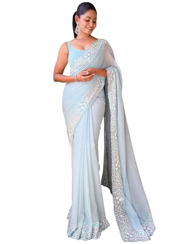 Image of AKHILAM Women's Multicolor Georgette Embellished Saree with Unstitched Blouse Piece(KESARI9501 KR Parent)