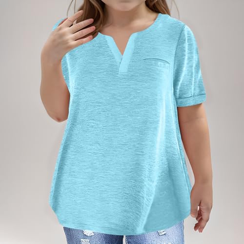 Girls Plus Size Short Sleeve Tops V Neck Loose Fit Solid Tunic Tops Cute Basic Casual Shirts Trendy Summer Clothes2