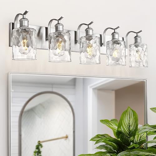 Image of Bathroom Vanity Light Fixtures Over Mirror 5-Light Hammered Glass Wall Mounted Modern Brushed Nickel - VL01BNH-5