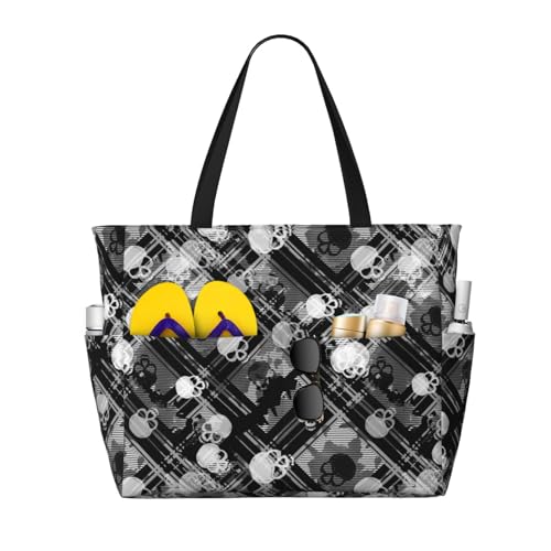 VOSERY Large Beach Bags Waterproof Sandproof - black and white Skulls Cute Beach Tote Bags for Women with Zipper