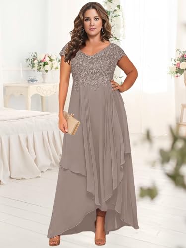 BONOYUER Tea Length Mother of The Bride Dresses with Sleeves V Neck Chiffon High Low Formal Evening Dress for Women3