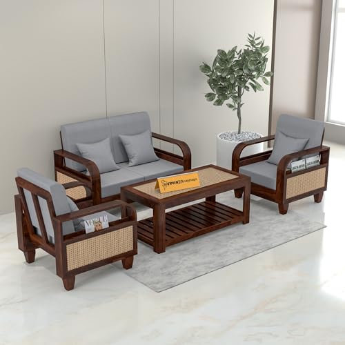 Image of KINGS HOME FURNITURE Sheesham Wooden 4 Seater Sofa for Living Room | Solid Wood Sofa with Rattan Cane Side Rack | Rosewood Sofa Set for Home & Office | Lounge (Walnut, 4 Seater)