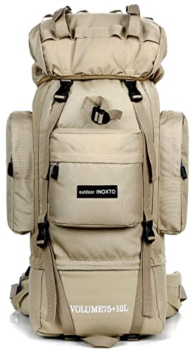 IX INOXTO 85L Lightweight Internal Frame Hiking Backpack for Men Women, Waterproof Travel Camping Backpack with Rain Cover (Khaki)