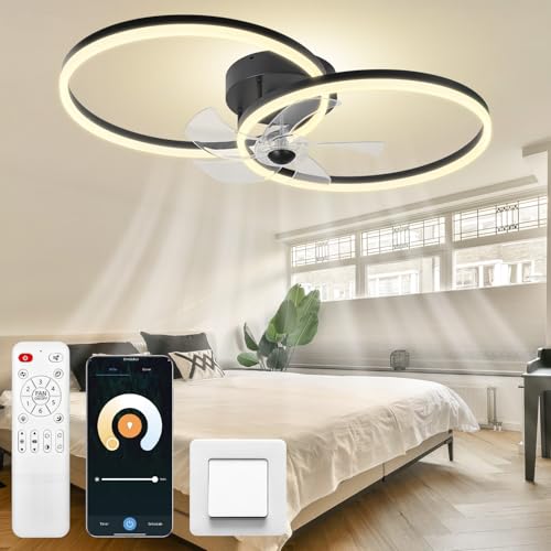 Omdekor Ventilador de techo moderno de 50 cm LED de bajo consumo, ventilador e iluminación 2 en 1, control remoto y control inteligente por aplicación, función de sincronización, silencioso