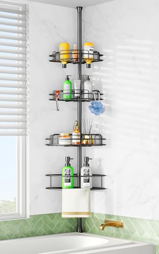 HAMITOR Teleskop Duschablage Ohne Bohren: 4-stufiges Metall Ecke Duschregal rutschfest und Stabil, Badezimmer Organizer für Shampoo, Seife und Duschgel – verstellbar von 121-314 cm, Schwarz