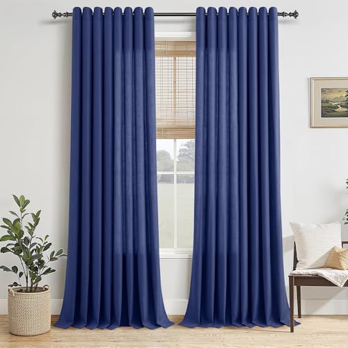 Jowels Classic Blue Linen Grommet Curtains 96 Inch Length for Living Room