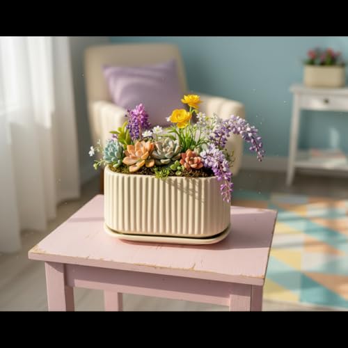 Image of Xtore Refined Ribbed Round Planter Pot with Drain Tray for Indoor & Outdoor Plants | Minimalist Decorative Flower Pot (Pack of 1, Beige)