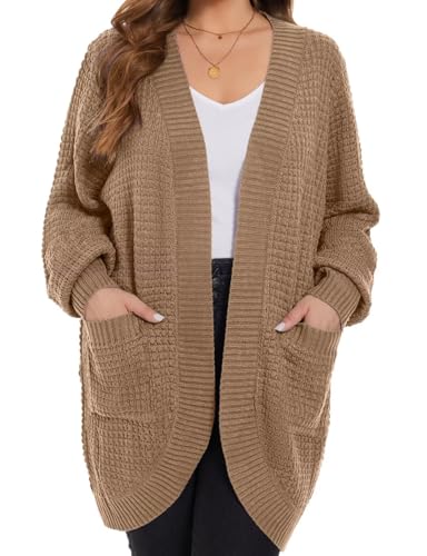 MONNURO Womens Plus Size Open Front Cardigan Waffle Knit Long Sleeve Sweaters Tops Fall Coat Outerwear with Pockets(Dark Khaki,3X)2