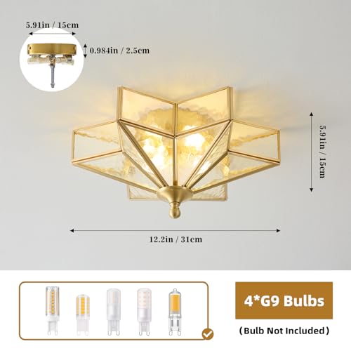 Image of Star Brass Ceiling Light - 12.2 In Small Gold Hammered Glass Flush Mount
