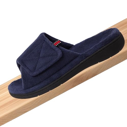 Women's Fuzzy Adjustable Arch Support Slippers Open Toe House Shoes for Orthopedic Plantar Fasciitis Furry Indoor Outdoor Slide Slippers All Season Black NavyBlue Color US6-US113