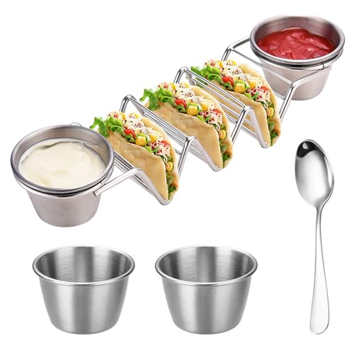 Greyoe 1 supporto Taco per hot dog, supporto per hot dog in acciaio inox, per hot dog, panini, frittelle e nehr, viene fornito con bicchieri bianchi per salsa, cucchiaio da dessert