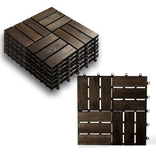 YOEVU - x10 Baldosas de Madera de Acacia | Antideslizantes y Duraderas | Instalación Fácil y Sin Herramientas | Ideal para Exteriores e Interiores, Gris Oscuro, Madera