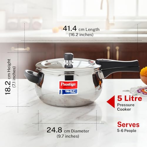 Prestige 5 Litre TRIPLY Svachh Outer Lid Pressure Cooker | Handi | Deep Lid for Spillage Control | Gas & Induction Compatible | Gasket Release System | Visual Pressure Indicator | 5Y Warranty | ISI