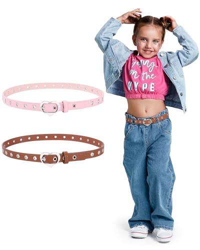 Kajeer Kids Belt for Girls,2 Pcs Leather Belt PU Durable Hollow Heart Buckle Grommet Youth Toddler Belt for Uniform Casual3