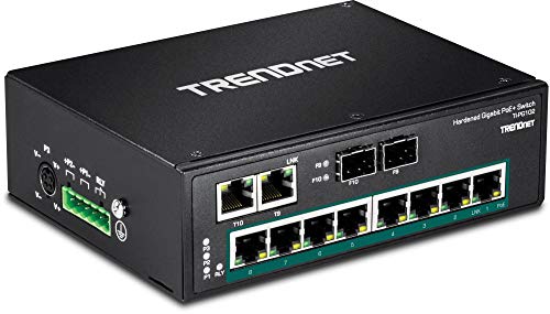 Image of TRENDnet 10-Port Industrial Gigabit PoE+ DIN-Rail Switch, TI-PG102, 8 x Gigabit PoE+ Ports, DIN-Rail Mount, 2 x SFP Slots, 240 W PoE Power Budget, Network Switch, IP30, VLAN, QoS, Renewed