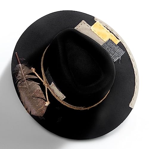 Image of RUEDIGER Wide Brim Fedora Hats for Men Women 100% Wool Felt Panama Rancher Hat with Lightning Logo Distressed /Burned Handmade