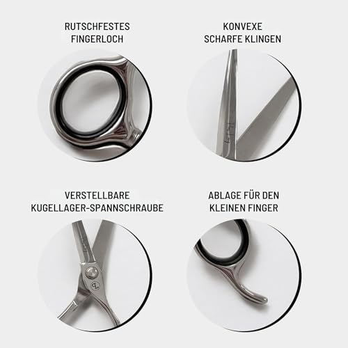 PIUS LANG Profi Friseurschere 6,5 Zoll seit 1852 – Premium Haarschneideschere für Friseurschüler, Einsteiger & gehobene Anwendung zu Hause, konvexe Klingen, Kugellager-Spannsystem + Etui