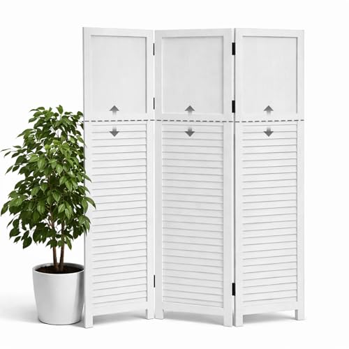 Asnefeli Short Room Divider 3 Panel 51 H Modular Detachable Wall Partition Louver & Solid Wood Privacy Screen for Clutter Concealing Small Space Division for Home Office White