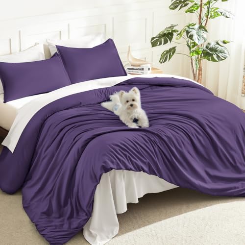 Image of Litanika Dark Violet Purple Comforter Set Full Size, 3 Pieces Lightweight Solid Bedding Comforter Set, All Season Fluffy Bed Set (79x90In Comforter & 2 Pillowcases)