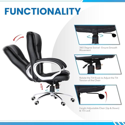 Image of Black Leatherette Office Chair | Ergonomic Executive Chair for Office & Home | High Back Executive Office Chair Home Study Reception Library Chair with arm Rest and Cushioned Seat (Chair)