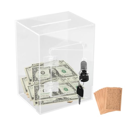 Acrylic Clear Piggy Bank with Lock for Adults Kids, Money Saving Box, Openable Coin Bank Reusable Change Jar for Cash Coin Real Money, with Targets Sticker(Color:Clear)
