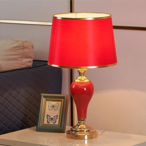 XINYASEE Lampe de salon à poser Lampe de chevet en porcelaine rouge, abat-jour en tissu, lampe de salon en céramique avec douille E27