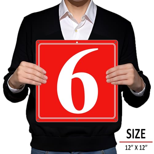 Image of Premium Aluminum Number Signs 6, Metal 12 inch X 12 inch Red Numbered Signs Outdoor for Parking Lots, Floor, Dock, Court, Aisle, Field, High Visibility, No Fade, Weather-resistant