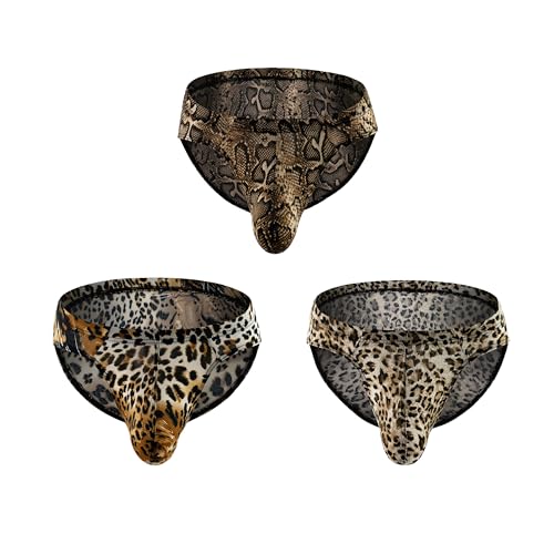 Maiclaice 3Paquetes Hombre Seda De Hielo Talle Bajo Bikini Slips Ropa Interior Negro Estampado De Leopardo Dorado X-Large