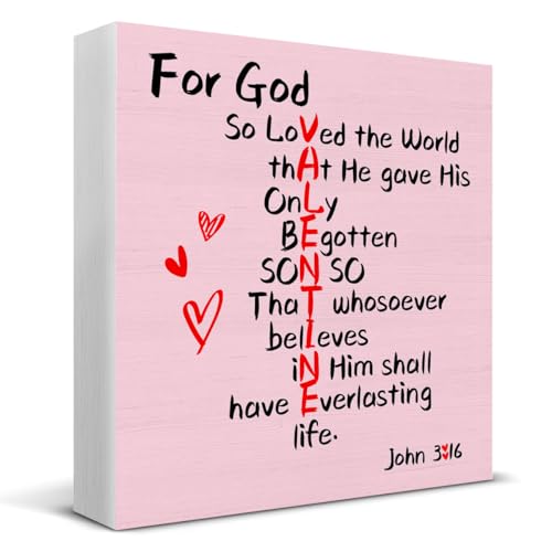 Valentines Day Decor, Christian Desk Sign, Romantic Valentines Bible Verse Wooden Sign John 3:16 Scriptures Valentines Day Decorations for Home Desk Shelf Table 5 X 5 Inch