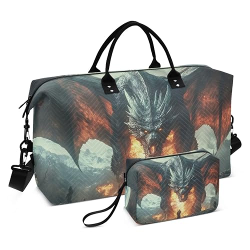 Large Travel Duffel Bag, Dragon Fire Warrior Sport Tote Gym Bags, Shoulder Weekender Overnight Bags for Women Men, Carry On Luggage with Toiletry Bag