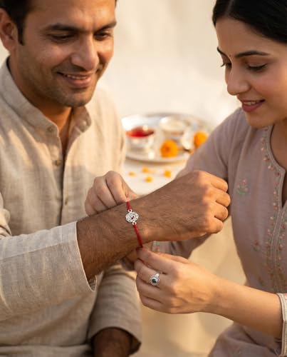 Image of Parnika 925 Pure 92.5 Sterling Silver Om Trishul Tripund Rakhi Bracelet for Brother | Hallmarked Silver Rakhi for Bhai & Bhaiya | Raksha Bandhan Gift with Roli Chawal | Premium Thread Rakhi