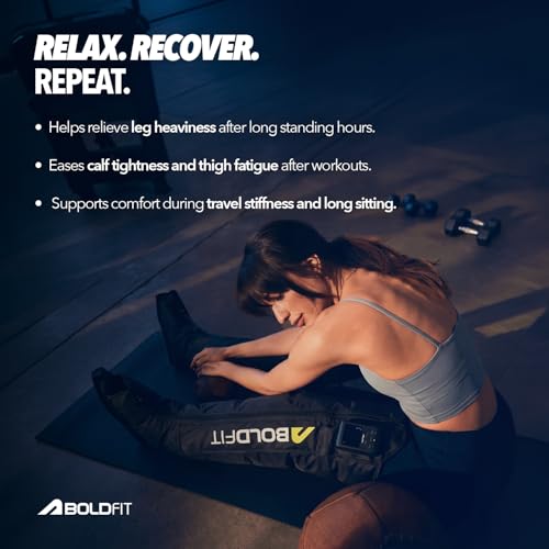 Image of Boldfit Cordless Leg Compression Massager Boots, 4 Air Chambers, 5 Modes, 7 Intensities, Dual Inflators, 3600mAh Rechargeable, Type-C Charging, Portable Leg Massager for Pain Relief, 1-Year Warranty
