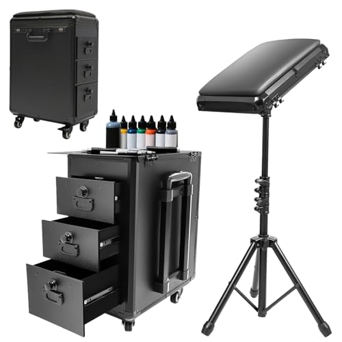 BRRIDE Kosmetikkoffer Trolley Tattoo Koffer mit Armlehnenständer Make-up Koffer mit 3 Schubladen & Kombinationsschloss & Werkbank Tattoo Tisch Beauty Stand Kosmetikerin Stickerin (Metallplatte)