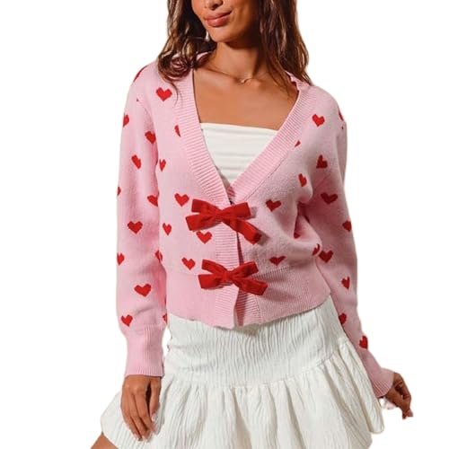 Image of Valentine's Day Cardigan Sweaters for Women Love Heart Print Button Down Cropped Cardigans Y2K Open Front Knit Sweater