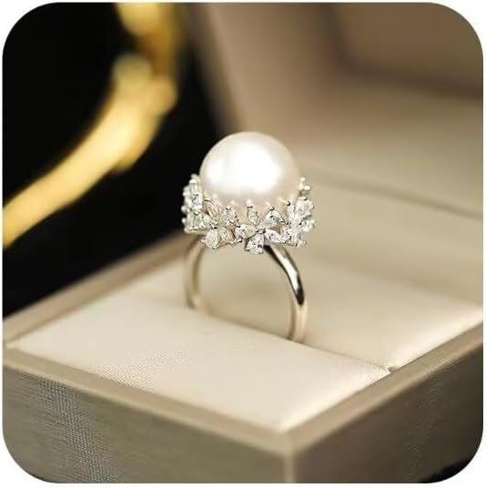 Adjustable 925 Sterling Silver Pearl Ring - 10-12mm Freshwater Cultured Pearl with Floral Open Band - Elegant Minimalist Statement Ring