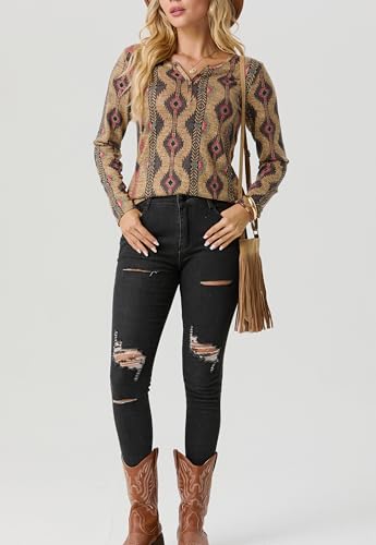 IWOLLENCE Womens Long Sleeve Aztec Western T Shirts Vintage Geometry Graphic Henley Tops Casual Button Down Blouse2