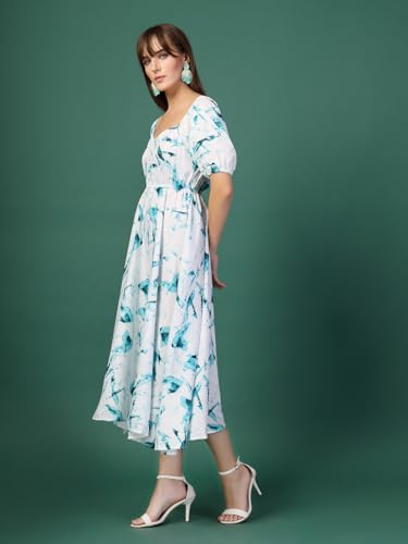 Image of OOMPH! Below Knee Shift Pink Dress in Crepe Fabric with Round Neck and Puff Sleeves - md619l