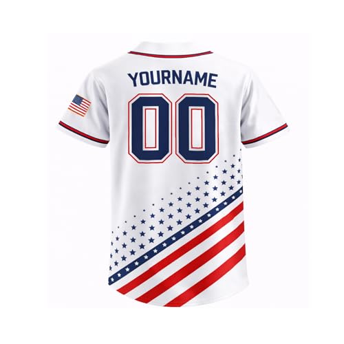 Camiseta de béisbol patriótica USA personalizada con nombre y número, con bandera americana, tipo camisa abotonada para hombres y mujeres miniatura 3