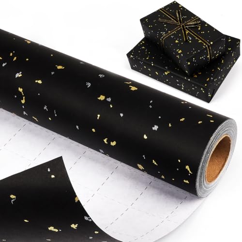 Schwarz Geschenkpapier Rolle Geburtstag, Schwarz und Goldfolie Geschenkpapierrolle für Männer Jungen, mattes Geschenkpapier Kraftpapier für Weihnachten, Hochzeit, Geburtstag, Vatertag, 43cm x 10m