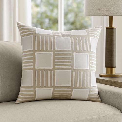 Image of Wakefit Designer Cushion Cover | 16x16 inch | Heavy Embroidery | Cotton & Linen Fabric on Both Sides | Pack of 1 | Grace & Grid | Beige