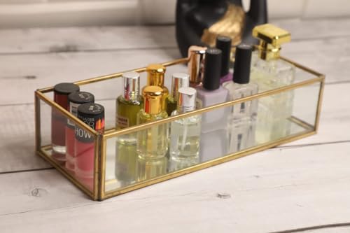 Image of Vintage Rectangular Brass Glass Tray with Jewelry Organizer, Decorative Accent, Wedding Bridal Party Gift, Candy Table Decor (Colour-Gold, Size- 25cm X 11cm X 6cm (LxBxH) (Pack of 1)