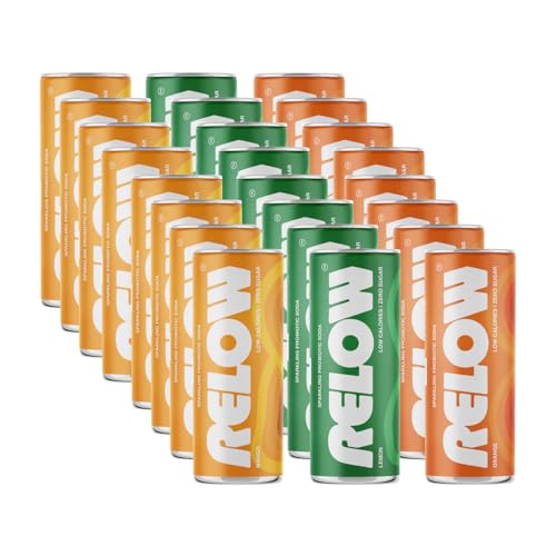 Image of Relow Variety Pack Sparkling Probiotic Soda (Lemon, Mango, Orange) | Zero Sugar | Zero Caffeine | Low Calorie | Natural Stevia | All Natural Ingredients | No Artificial Flavours | 250ml | Pack of 24