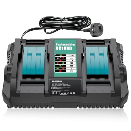Battery Charger DC18RD Dual Port 6A Compatible with Makita Battery 18V-14.4V Li-ion BL1830 BL1850 BL1860 BL1840 Drill Chainsaw Power Tool Battery Charger Replace for DC18RC DC18SF DC18RA