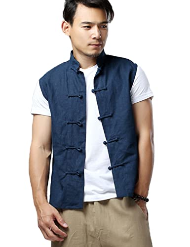 CORETIC Mens Linen Cotton Waistcoat Casual Vintage Kung Fu Shirt Sleeveless Vest Jacket