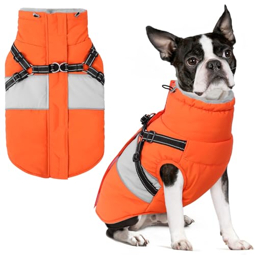Image of Small Dog Coat with Harness Built in, Warm Dog Jacket Winter with Zipper On Back, Waterproof Pet Snow Jacket Snowsuit Pet Sweater Clothes for Schnauzer, Yorkshire Terrier, Orange S